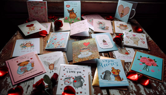 A picture of a variety of Valentine card for husband spread out on a table