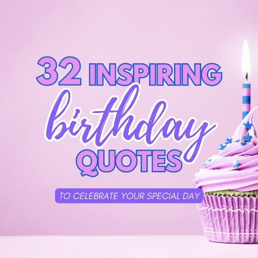 A pretty purple cupcake is decorated with a lit striped candle. It sits on a soft pink background. The text says, "32 Inspiring Birthday Quotes to Celebrate Your Special Day." This is perfect for sharing happy birthday messages.