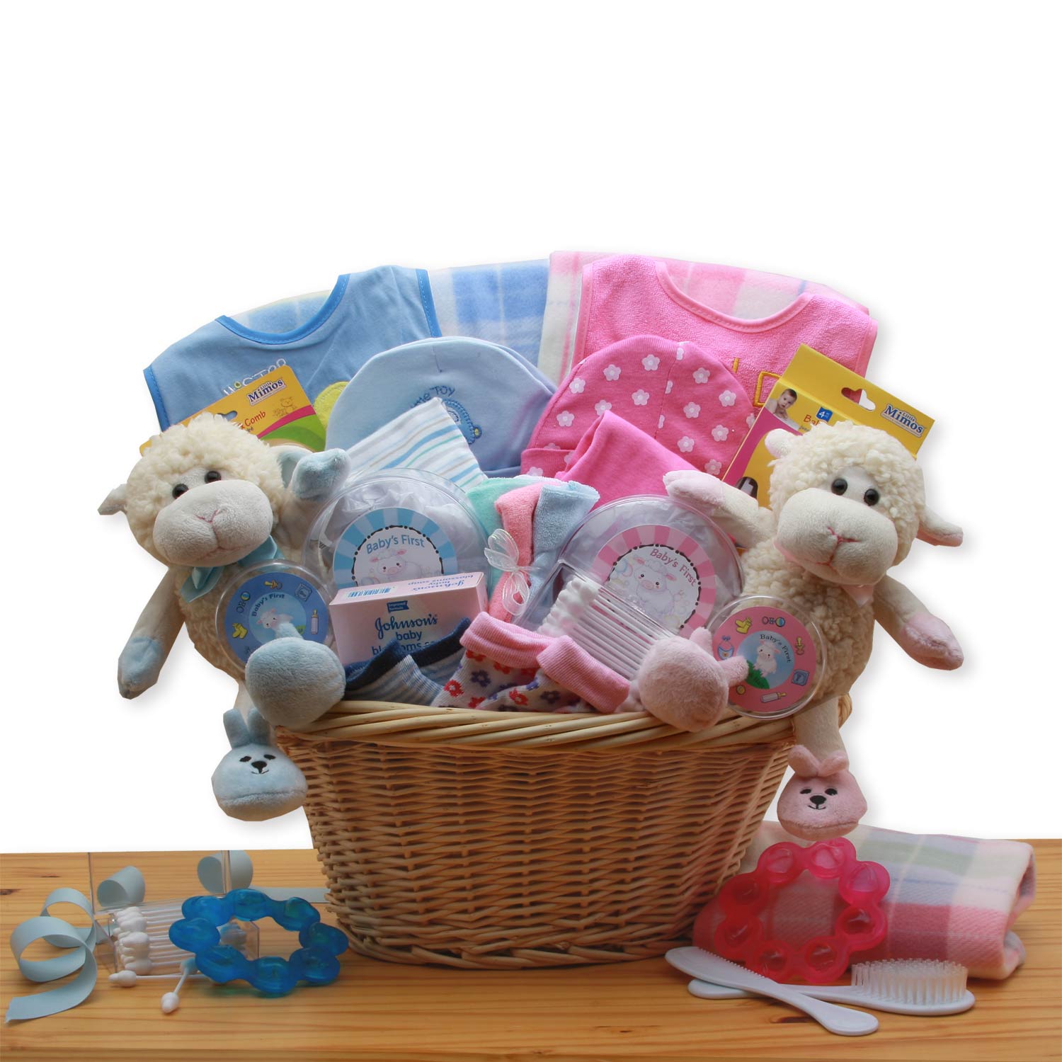 Send Double Delight Twins New Baby Gift Basket -Pink/Blue James