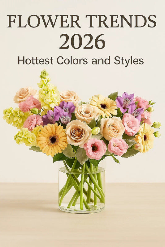 A glass vase filled with trendy 2026 flowers blush roses, peach gerbera daisies, lisianthus, and purple alstroemeria against a soft white background, with overlaid text Flower Trends 2026. Hottest Colors and Styles.
