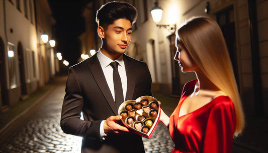 Valentine's Day celebration with a man gifting a heart-shaped chocolate box to a woman in red on a cobblestone street, symbolizing traditional romantic gestures and the historical essence of the holiday.
