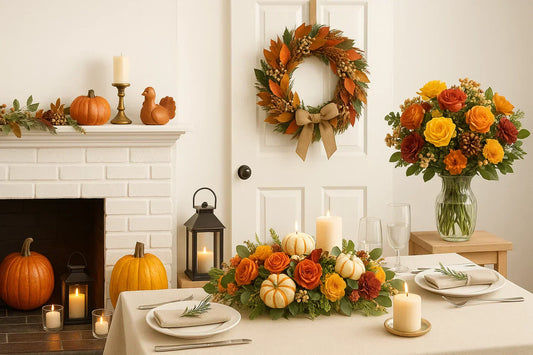 Thanksgiving home décor with fall floral arrangements, a seasonal wreath, pumpkins, candles, and a festive table centerpiece in warm autumn colors.
