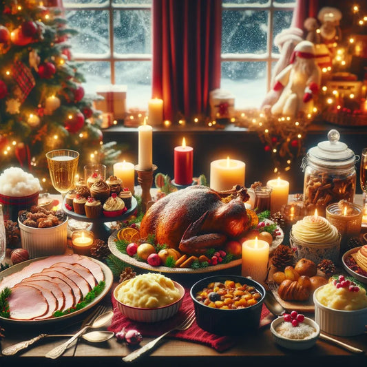 Festive Christmas dinner table with holiday dishes, glowing candles, and decorations, creating a warm ambiance