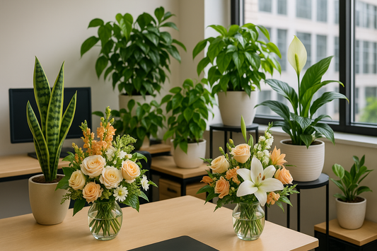 Modern office with green potted plants and floral arrangements of roses and lilies on desks, creating a bright and refreshing workspace.