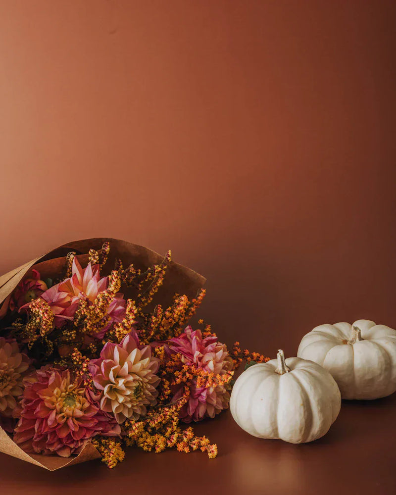 Fall bouquet with dahlias and heather beside white pumpkins