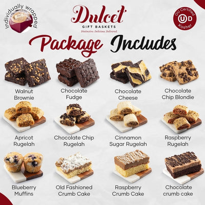Dulcet Gift Baskets product display with various types of brownies and cakes. Dulcet Gift Baskets product display with various types of brownies and cakes.