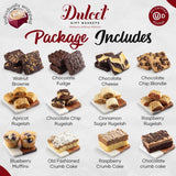 Dulcet Gift Baskets product display with various types of brownies and cakes.