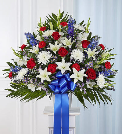 Heartfelt Sympathies Red, White & Blue Standing Basket Heartfelt Sympathies Red, White & Blue Standing Basket