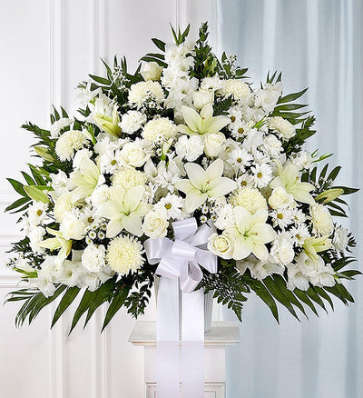 Heartfelt Sympathies White Funeral Standing Basket Heartfelt Sympathies White Funeral Standing Basket