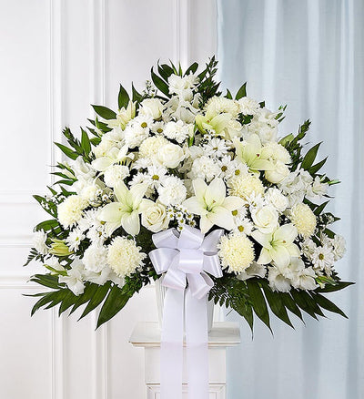 Heartfelt Sympathies White Funeral Standing Basket Heartfelt Sympathies White Funeral Standing Basket