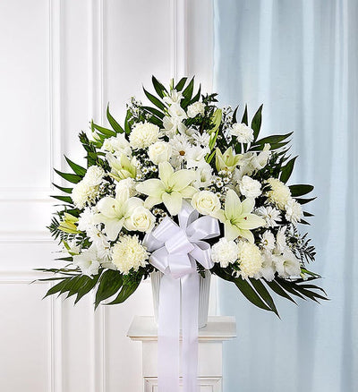 Heartfelt Sympathies White Funeral Standing Basket Heartfelt Sympathies White Funeral Standing Basket