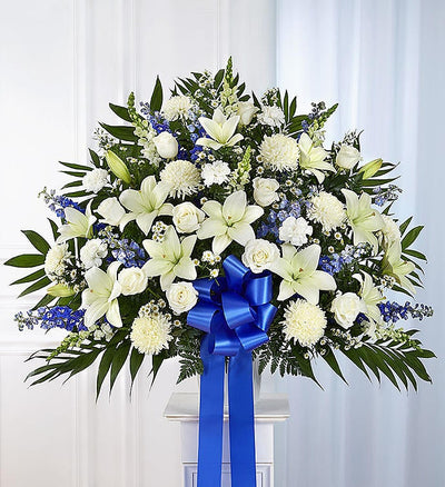 Heartfelt Sympathies Blue & White Funeral Standing Basket Heartfelt Sympathies Blue & White Funeral Standing Basket