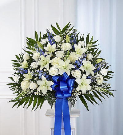 Heartfelt Sympathies Blue & White Funeral Standing Basket Heartfelt Sympathies Blue & White Funeral Standing Basket