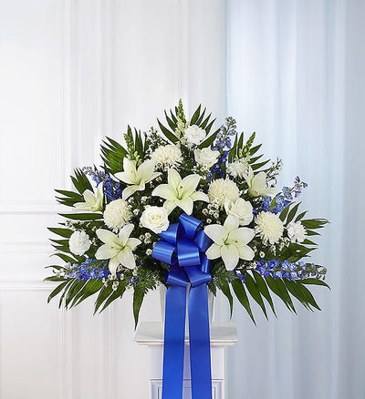 Heartfelt Sympathies Blue & White Funeral Standing Basket Heartfelt Sympathies Blue & White Funeral Standing Basket