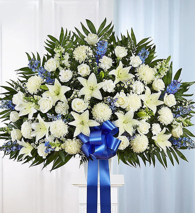 Heartfelt Sympathies Blue & White Funeral Standing Basket Heartfelt Sympathies Blue & White Funeral Standing Basket