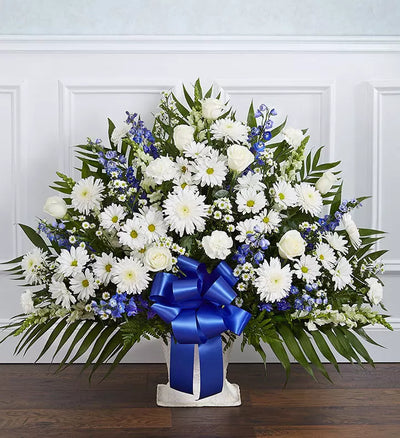 Heartfelt Tribute Blue & White Floor Basket Arrangement Heartfelt Tribute Blue & White Floor Basket Arrangement