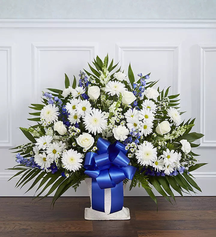 Heartfelt Tribute Blue & White Floor Basket Arrangement