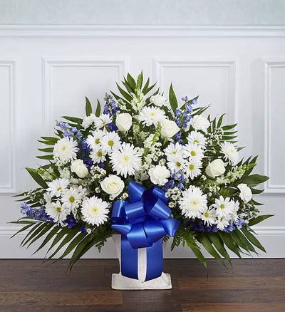 Heartfelt Tribute Blue & White Floor Basket Arrangement Heartfelt Tribute Blue & White Floor Basket Arrangement