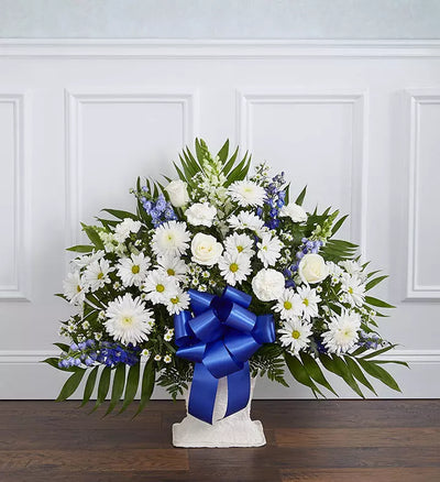 Heartfelt Tribute Blue & White Floor Basket Arrangement Heartfelt Tribute Blue & White Floor Basket Arrangement
