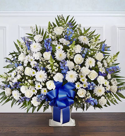 Heartfelt Tribute Blue & White Floor Basket Arrangement Heartfelt Tribute Blue & White Floor Basket Arrangement