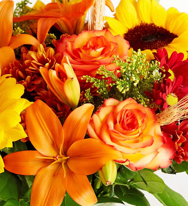 Bouquet of colorful flowers including sunflowers, roses, and lilies on a white background