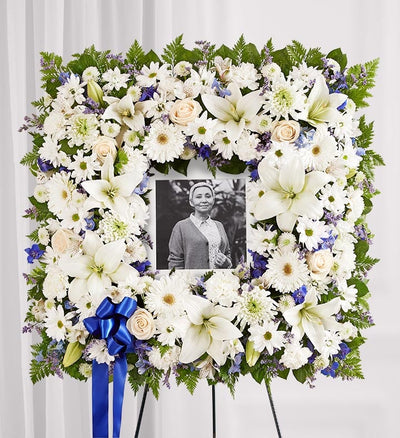 Sentimental Solace Wreath - Blue & White with Picture in the center Sentimental Solace Wreath - Blue & White with Picture in the center