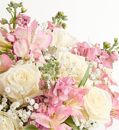 Bouquet of pink and white flowers with greenery on a white background Bouquet of pink and white flowers with greenery on a white background