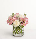 Bouquet of pink and white flowers in a clear vase on a white background
