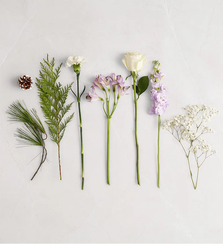Arrangement of various flowers and greenery on a light gray background