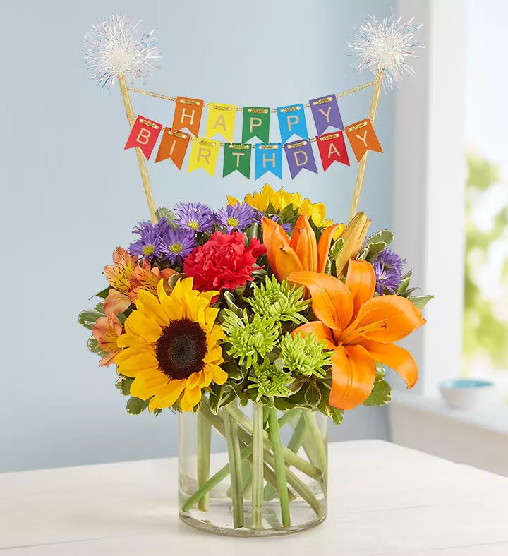 Floral Embrace with Happy Birthday Banner