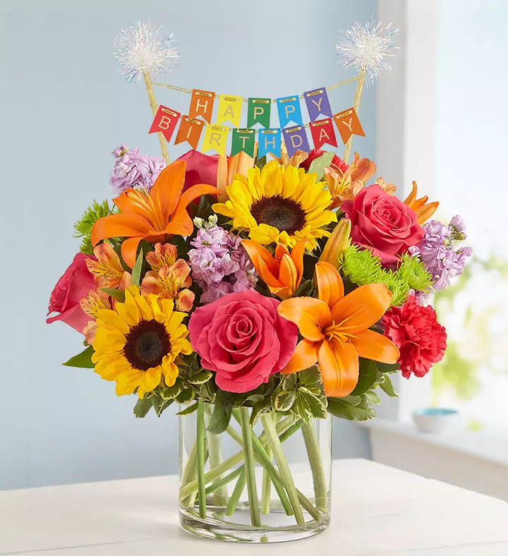 Floral Embrace with Happy Birthday Banner