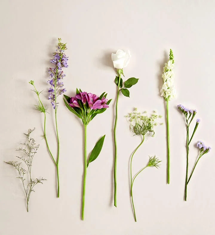 lavender larkspur, purple Peruvian lilies (alstroemeria), Limonium and statice, white roses, snapdragons and Queen Anne’s Lace