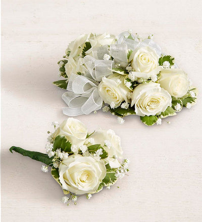 White Spray Rose Corsage and Boutonniere White Spray Rose Corsage and Boutonniere