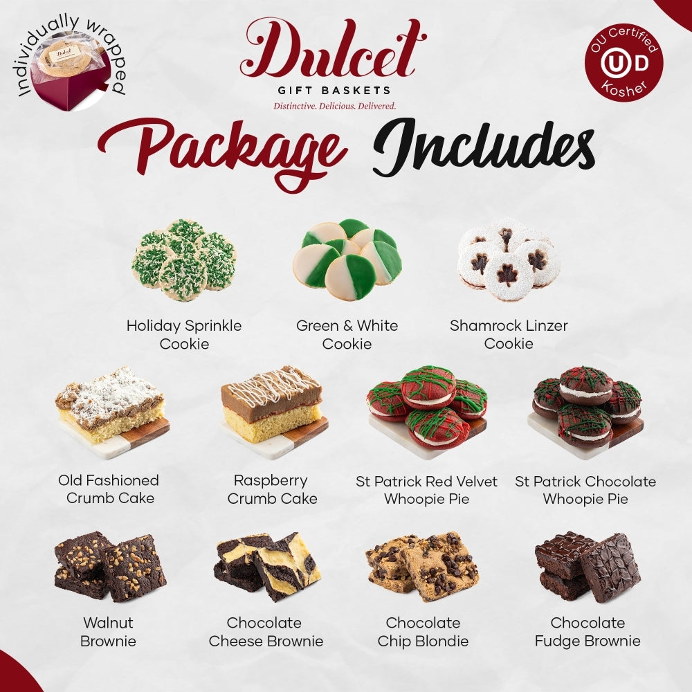 Dulcet Gift Baskets product list with various cookies and cakes on a white background