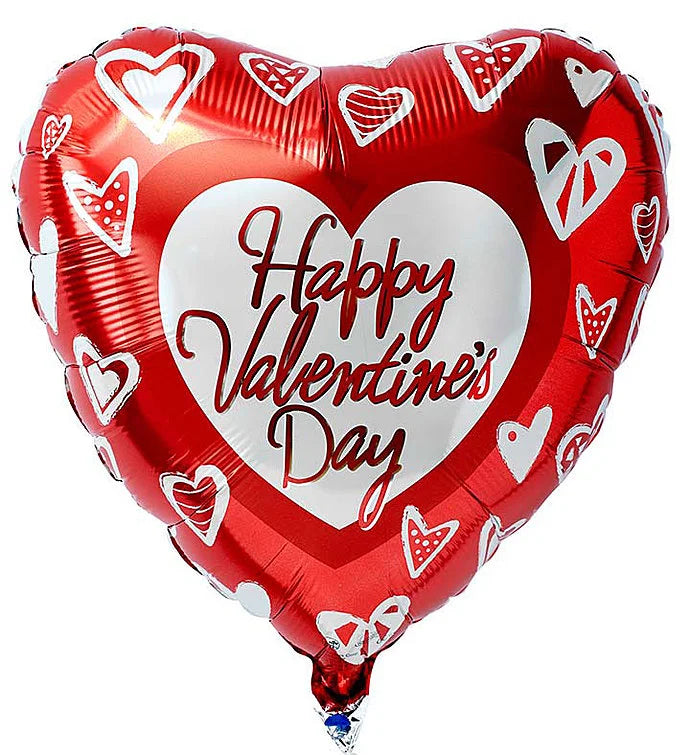 Heart-shaped red balloon with 'Happy Valentine's Day' text and white hearts on a white background