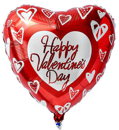 Heart-shaped red balloon with 'Happy Valentine's Day' text and white hearts on a white background Heart-shaped red balloon with 'Happy Valentine's Day' text and white hearts on a white background