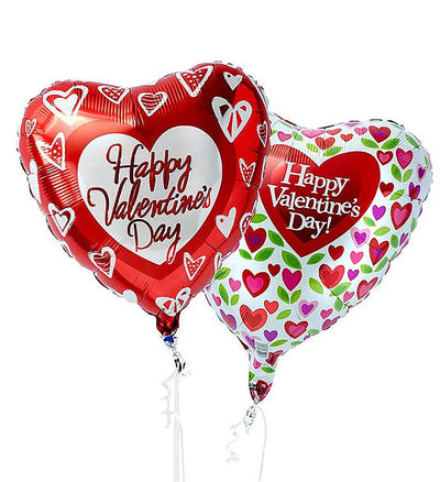 Two heart-shaped Valentine's Day balloons with 'Happy Valentine's Day' text on a white background.