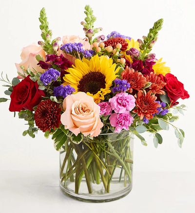 Harvest Melody Bouquet Colorful flower bouquet in a clear vase on a white background Harvest Melody Bouquet Colorful flower bouquet in a clear vase on a white background