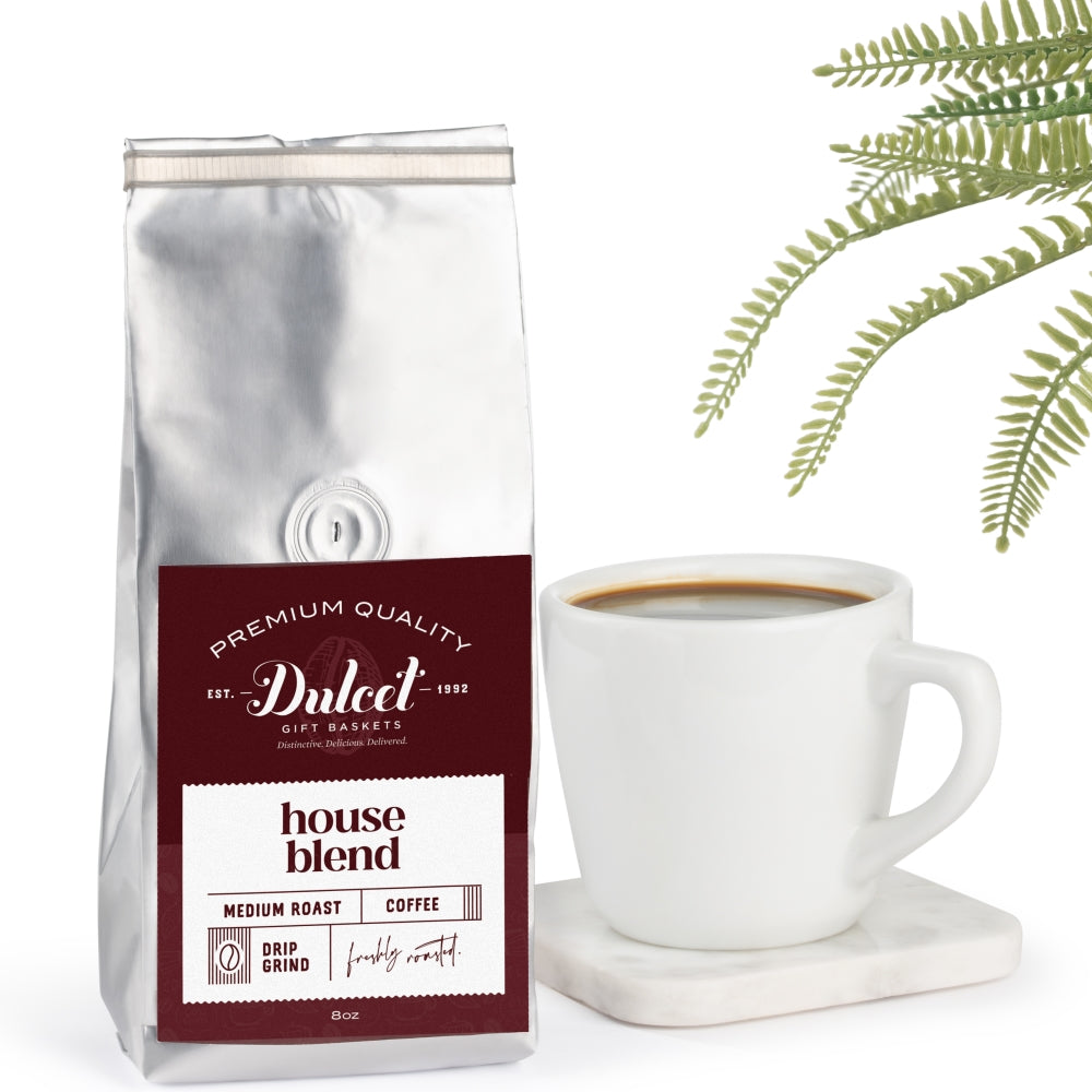 Dulcelet coffee bag with a cup of coffee on a white background