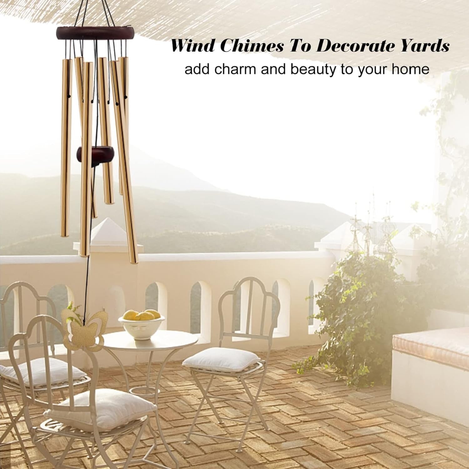 Butterfly Wind Chimes for Garden Backyard Patio, Memorial Wind Chimes with 6 Aluminium Tubes Water Resistant Windchimes Outdoors Remembrance Gifts, Gold, 30 Inch