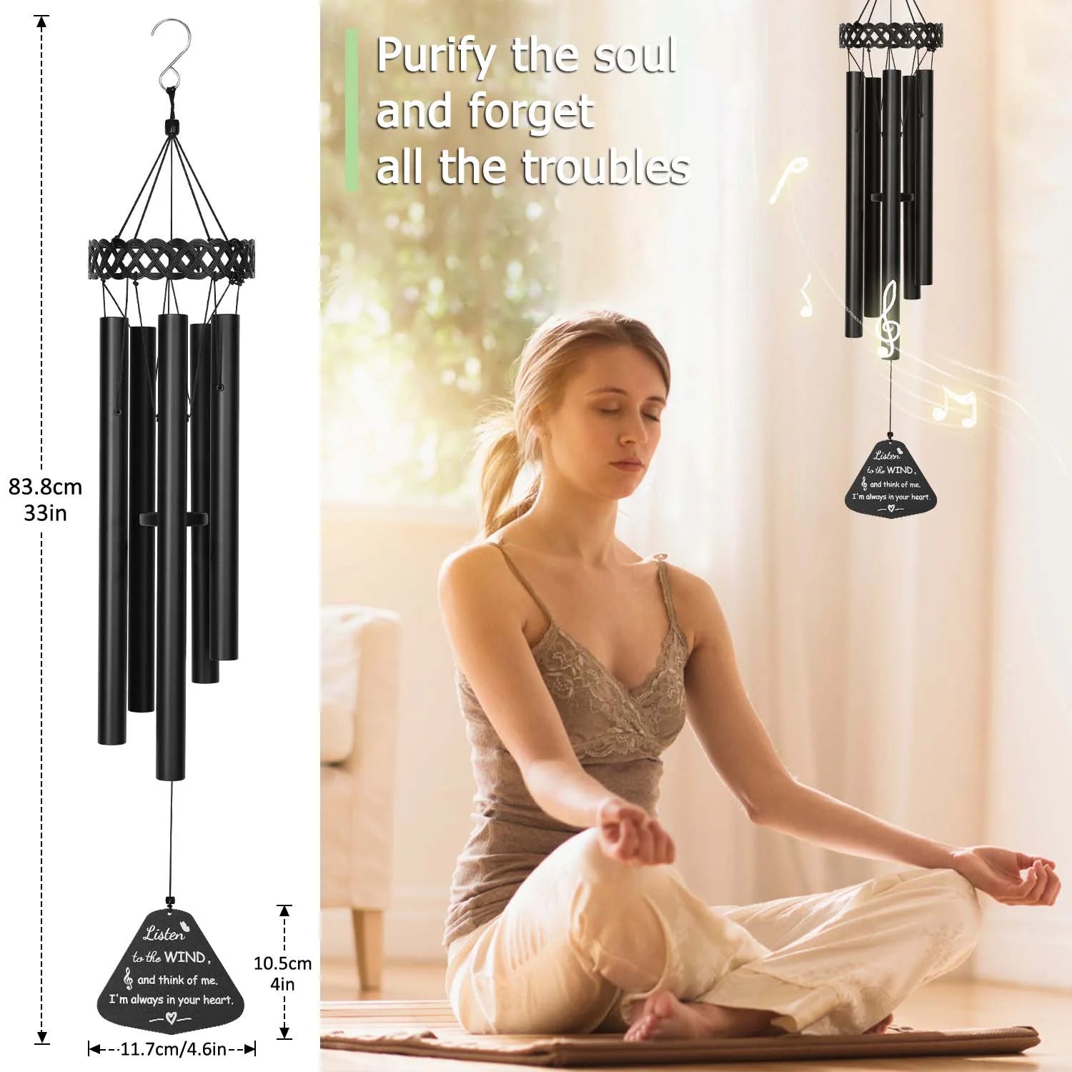 Wind Chimes for Outside, Sympathy Memorial Wind Chimes Deep Tone, Soothing Aluminium Windbell, Large Wind Chimes with 5 Thicken Tubes & Hook, 33''