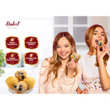 Two women enjoying blueberry muffins with Dulced branding and product features on a white background.