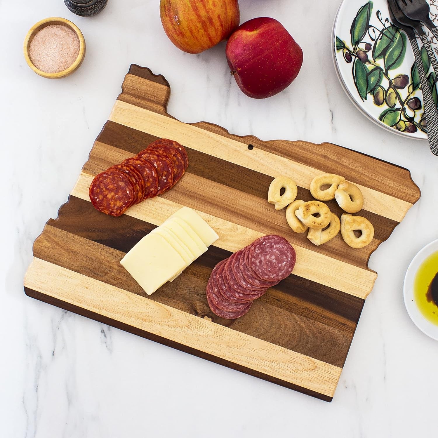 Rock & Branch Shiplap Series Oregon State Shaped Wood Cutting Board and Charcuterie Serving Platter, Includes Hang Tie for Wall Display