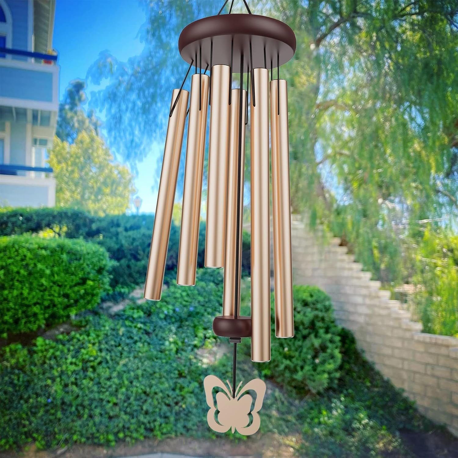 Butterfly Wind Chimes for Garden Backyard Patio, Memorial Wind Chimes with 6 Aluminium Tubes Water Resistant Windchimes Outdoors Remembrance Gifts, Gold, 30 Inch