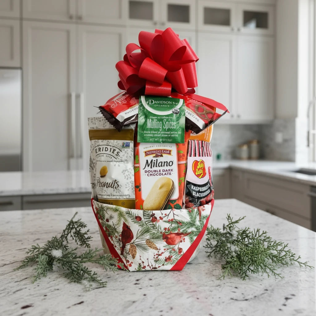 Gift basket with a red bow containing snacks and treats on a neutral background