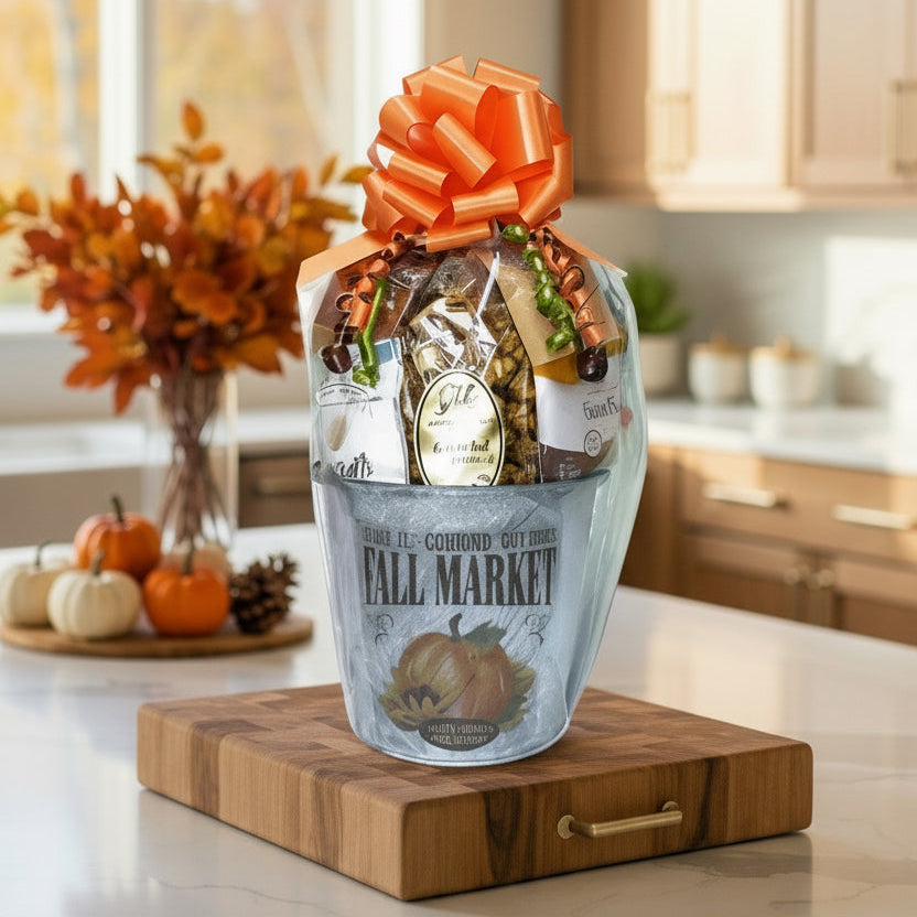 Fall inspired gift basket filled with individually packed gourmet popcorn and other snacks wrapped in cellophane with a bow.