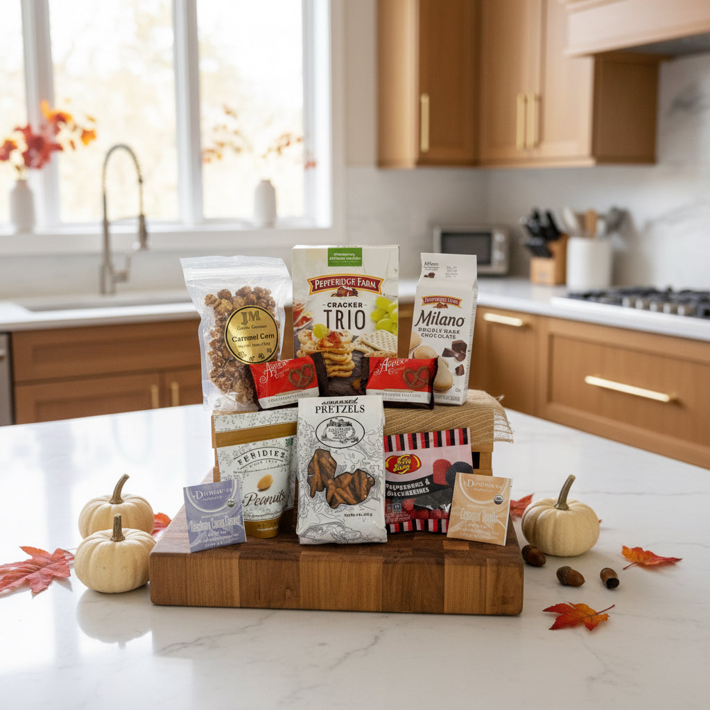 Assorted snack packages including Pepperidge Farm, Asher's, and Faidley on a chopping block (not included) in a kitchen.