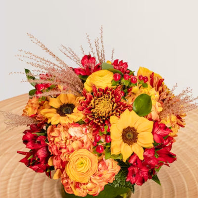 Gather Fall Centerpice Flowers Zoomed in