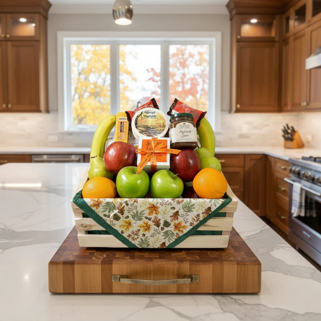 Gift basket with fruits, cheeses, and jam on a wooden slab in a kitchen
