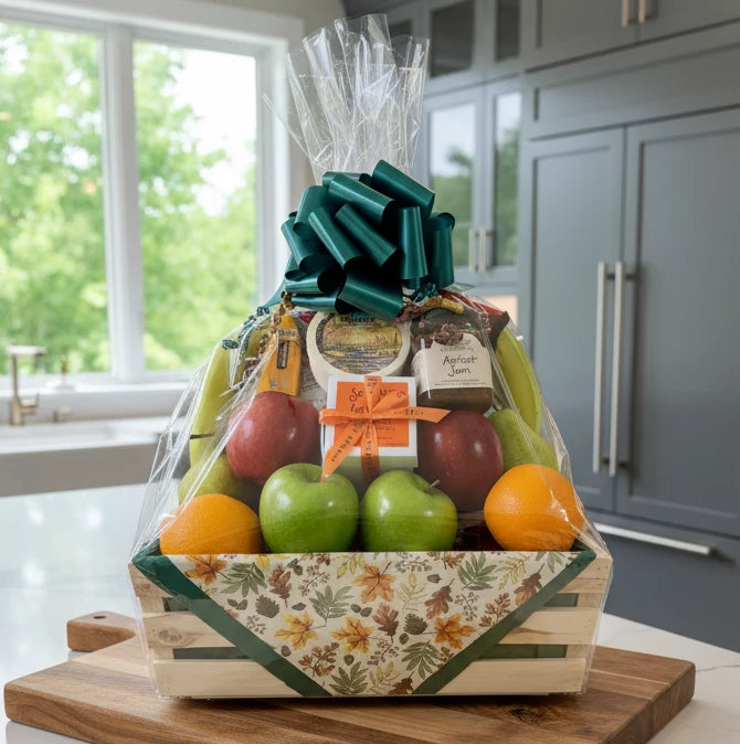Fruit basket with a teal bow on a wooden table in kitchen.